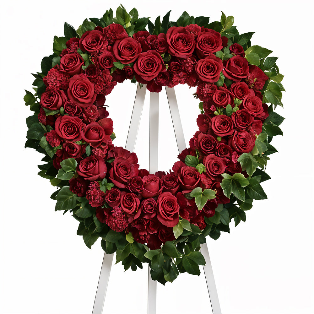 Grande Couronne Funéraire en Cœur "Cœur Béni" (24") - Roses Rouges & Œillets