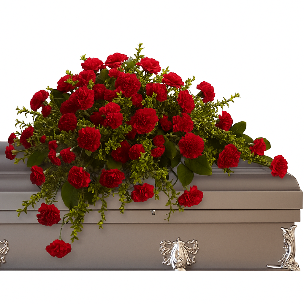 Grande Gerbe Funéraire de Luxe pour Cercueil en Œillets Rouges Vifs