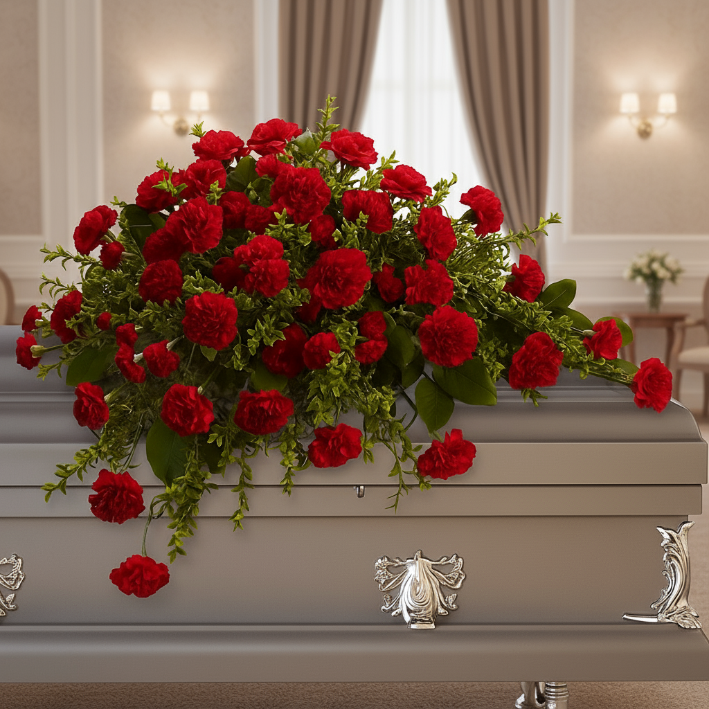 Grande Gerbe Funéraire de Luxe pour Cercueil en Œillets Rouges Vifs