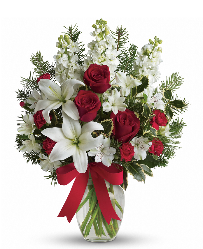 Bouquet Festif "Flocons" - Roses Blanches et Rouges - Noël Fleur Québec