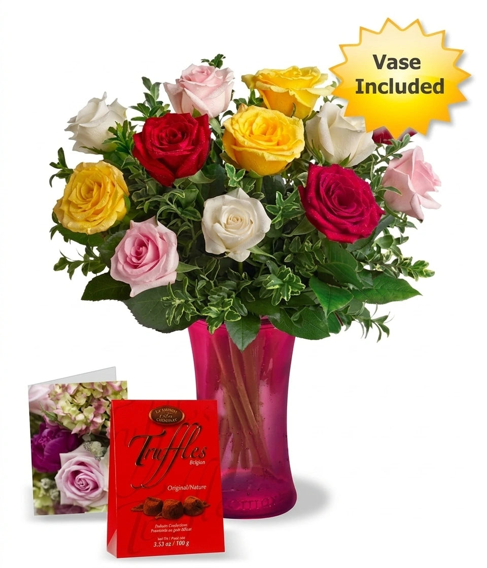 Ensemble "Pour Maman IV" - 12 Roses Assorties Colorées