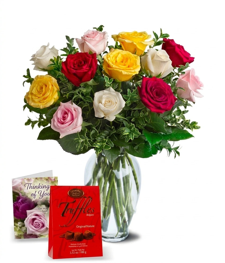 Ensemble "Pour Maman II" - 12 Roses Assorties Colorées