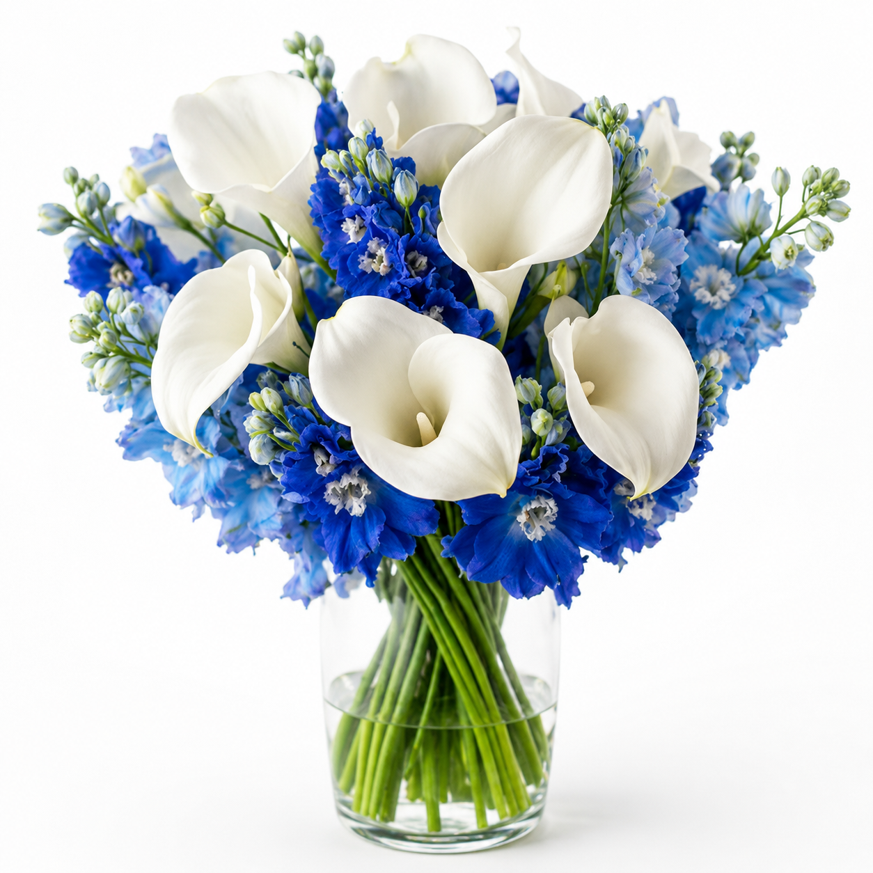 Joie Bleue et Blanche - Lys Calla Blancs et Delphinium Bleu