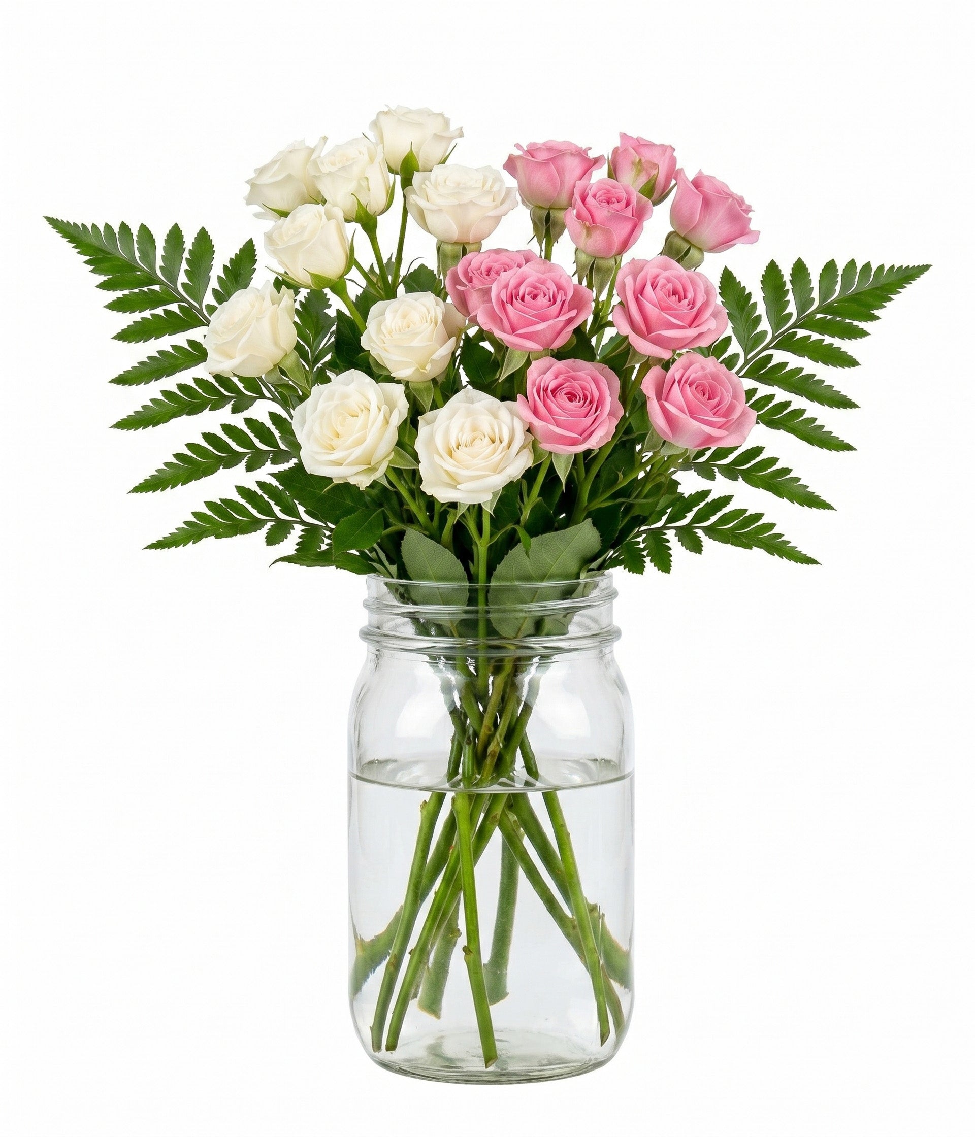 30 roses spray blanches et roses dans un pot Mason Fleur Québec
