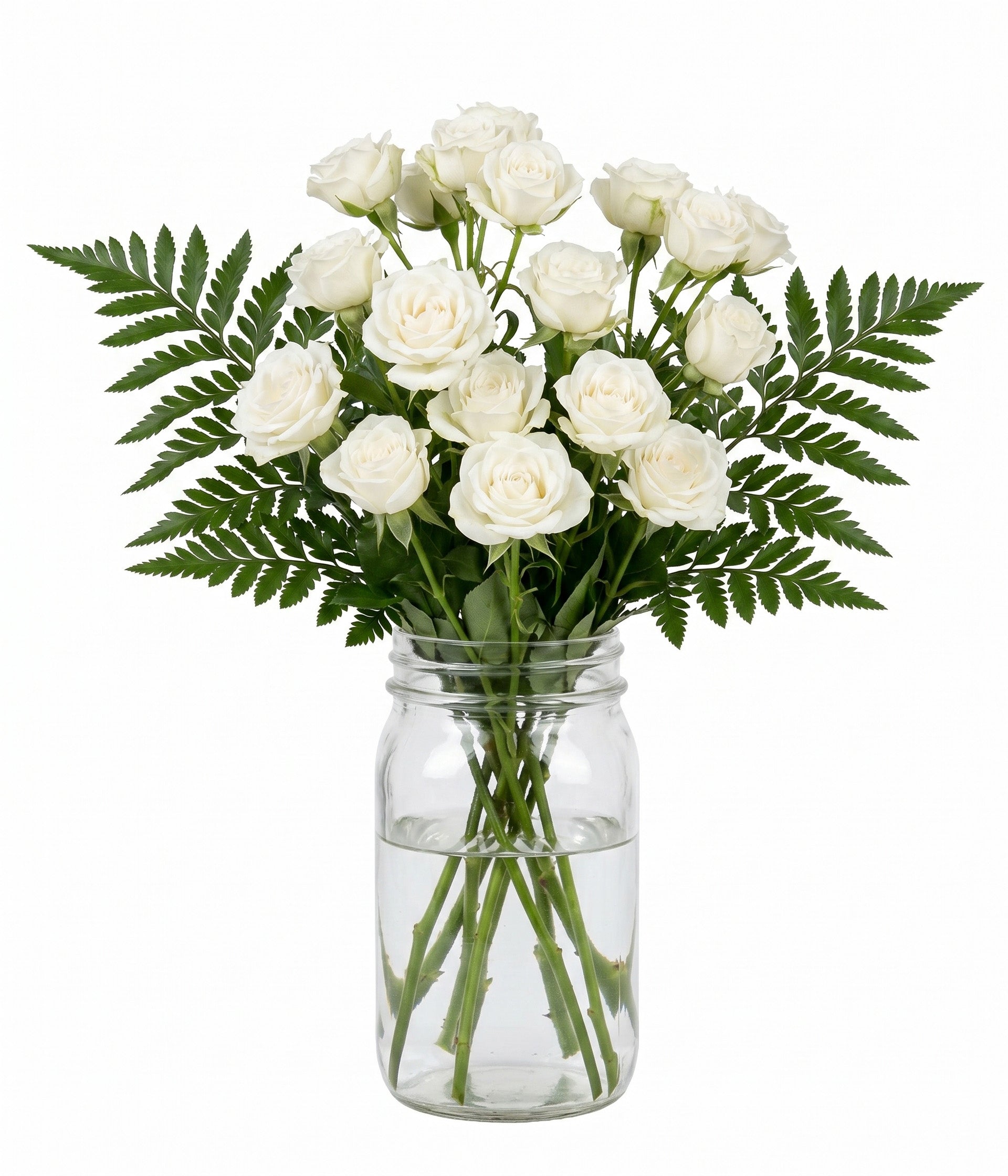 30 roses spray blanches dans un pot Mason Fleur Québec