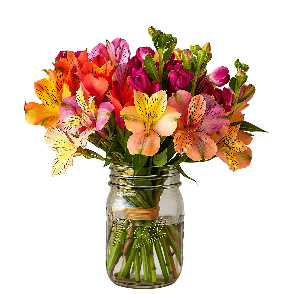 Bouquet coloré d’Alstroemeria en pot Mason - 30 fleurs Fleur Québec