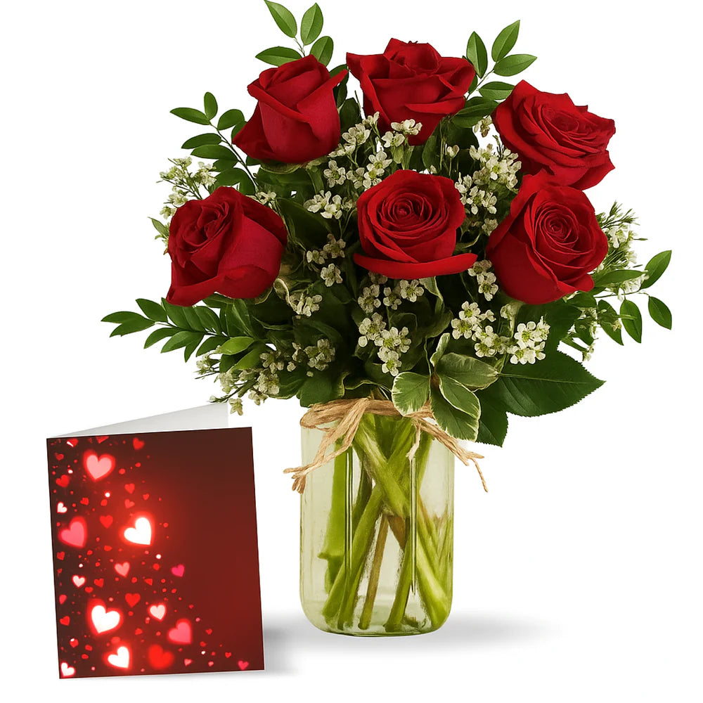 Surprise Romantique Garanti : Ensemble 6 Roses Rouges Pot Mason