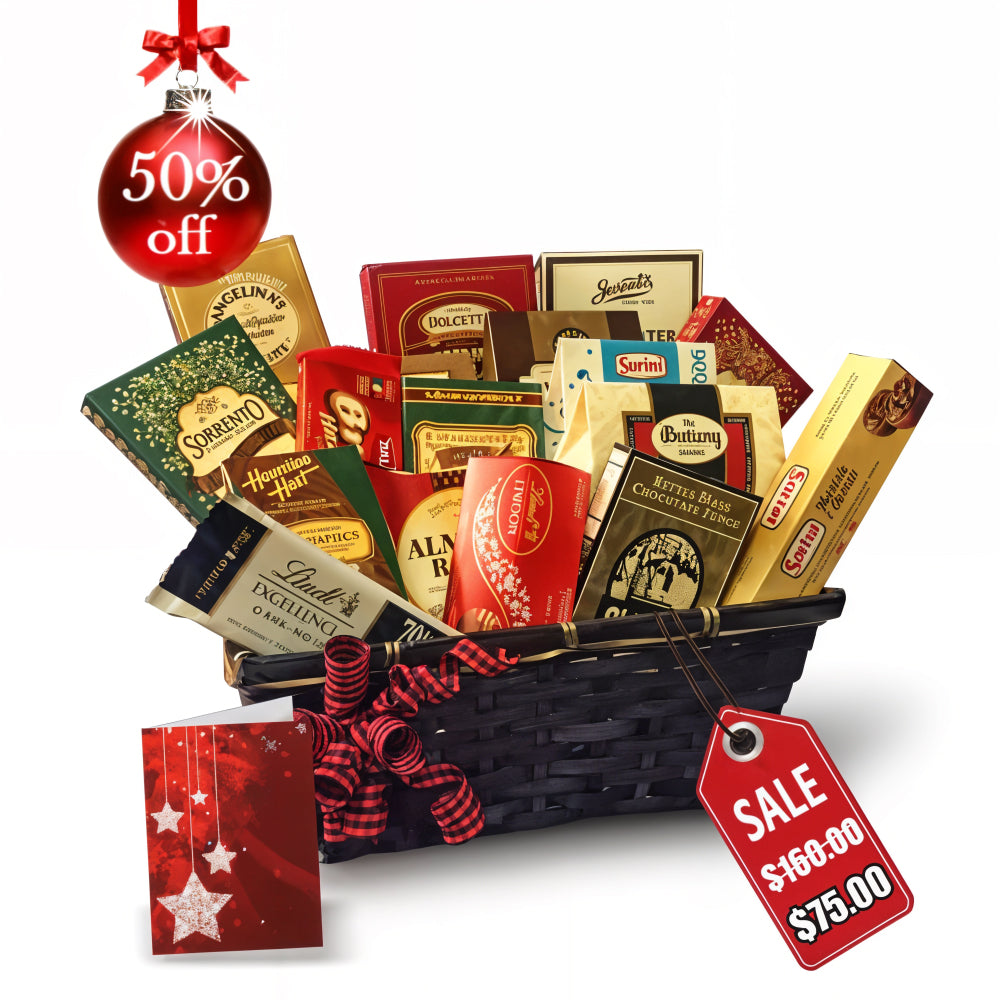 Panier Cadeau Premium de Chocolats, Biscuits et Gelées - Noël Collection III