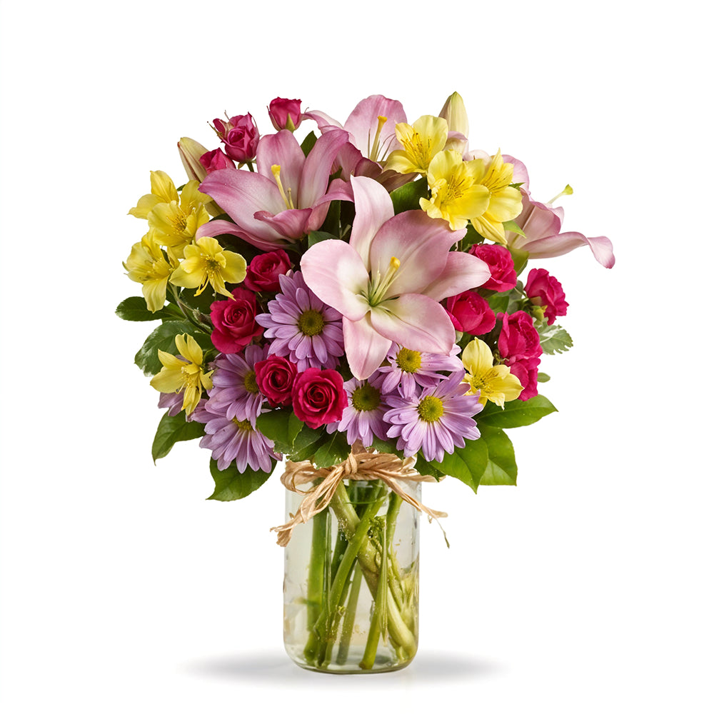 Spring Mason Jar of Yellow Roses and Lavender - Mother's Day