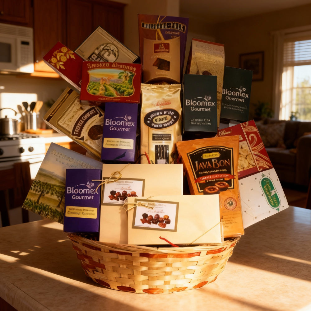 Panier Cadeau Luxury de 24 Délices - Chocolats, Biscuits, Thés et Cafés