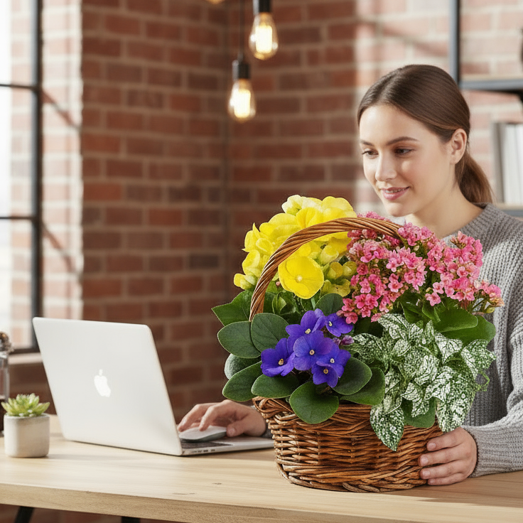 Panier/Arrangement de 4 Plantes en Pot : Panier Vif pour Bureau et Maison (10 po) - Fleur Quebec