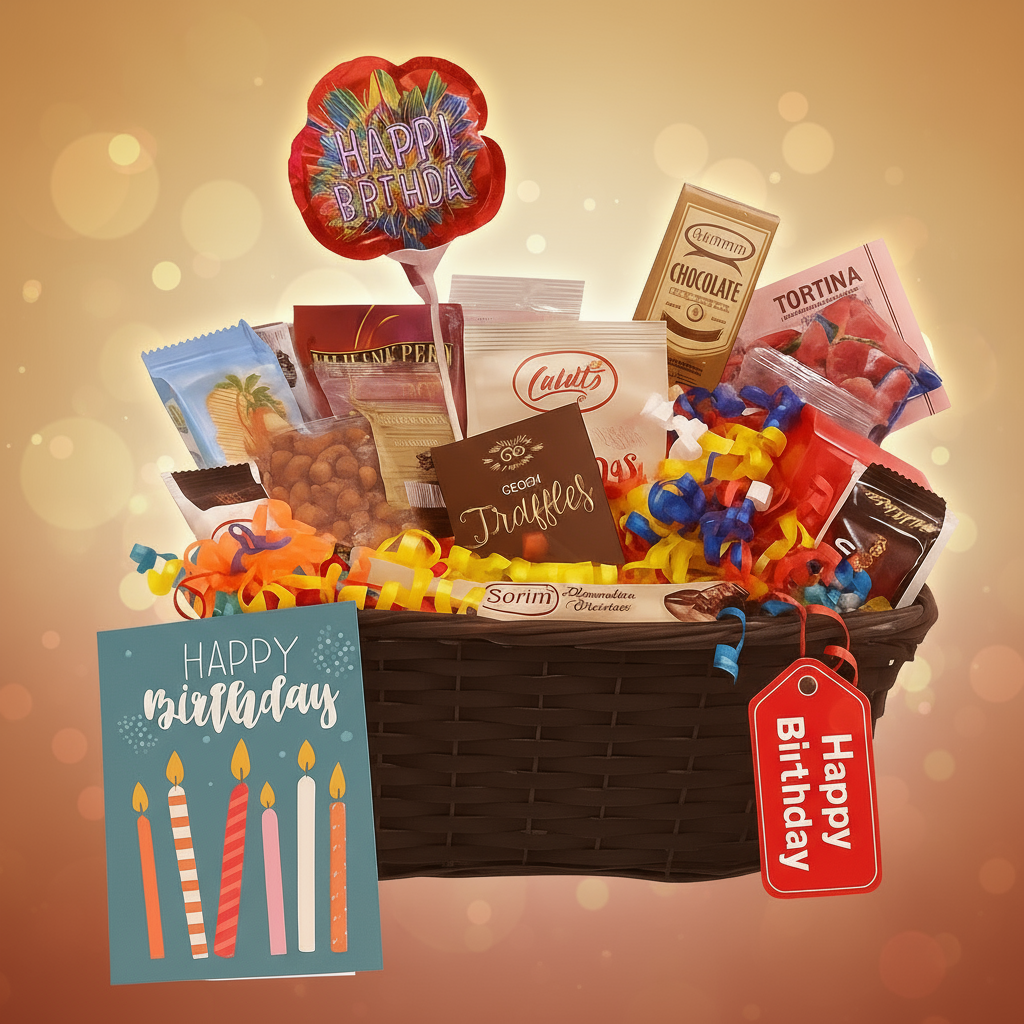 Panier-Cadeau Gourmet d'Anniversaire IV  (Lindt, Truffes) –  Ballon & Carte Anniversaire