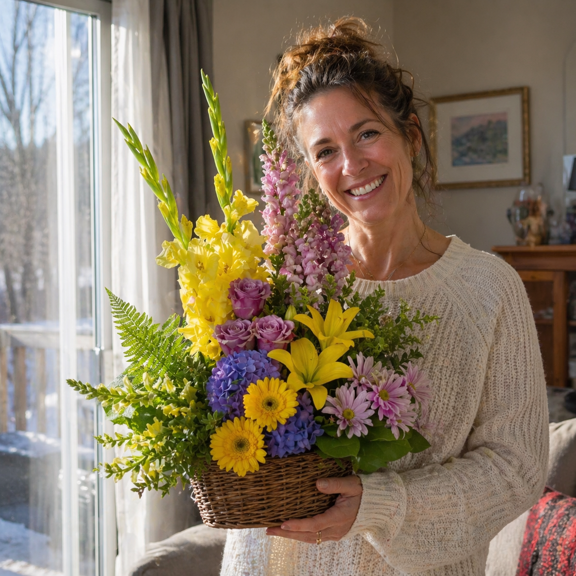 "Secret Garden" Floral Basket - Roses, Lavender, Snapdragons and Chrysanthemums