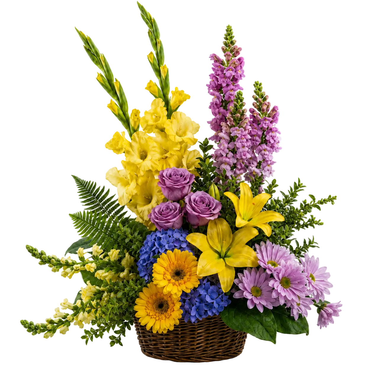 Panier Floral "Jardin Secret" De Luxe - Roses Lavande, Mufliers et Chrysanthèmes