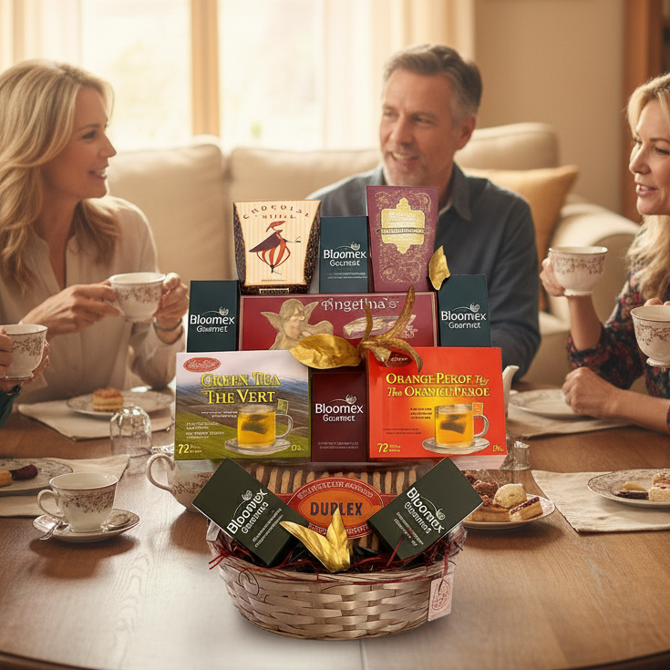 Panier Cadeau Thé de Luxe & 12 Délices Gourmands : Chocolat, Truffes, Fromage et Biscuits