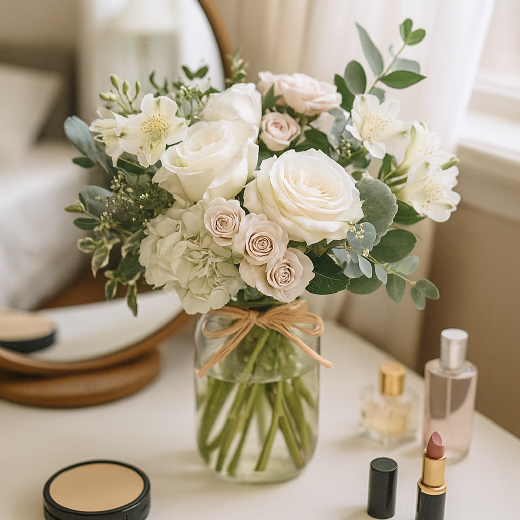 Pot Mason "Nuages Tranquilles" - Roses Blanches - Toutes Occasions Fleur Québec