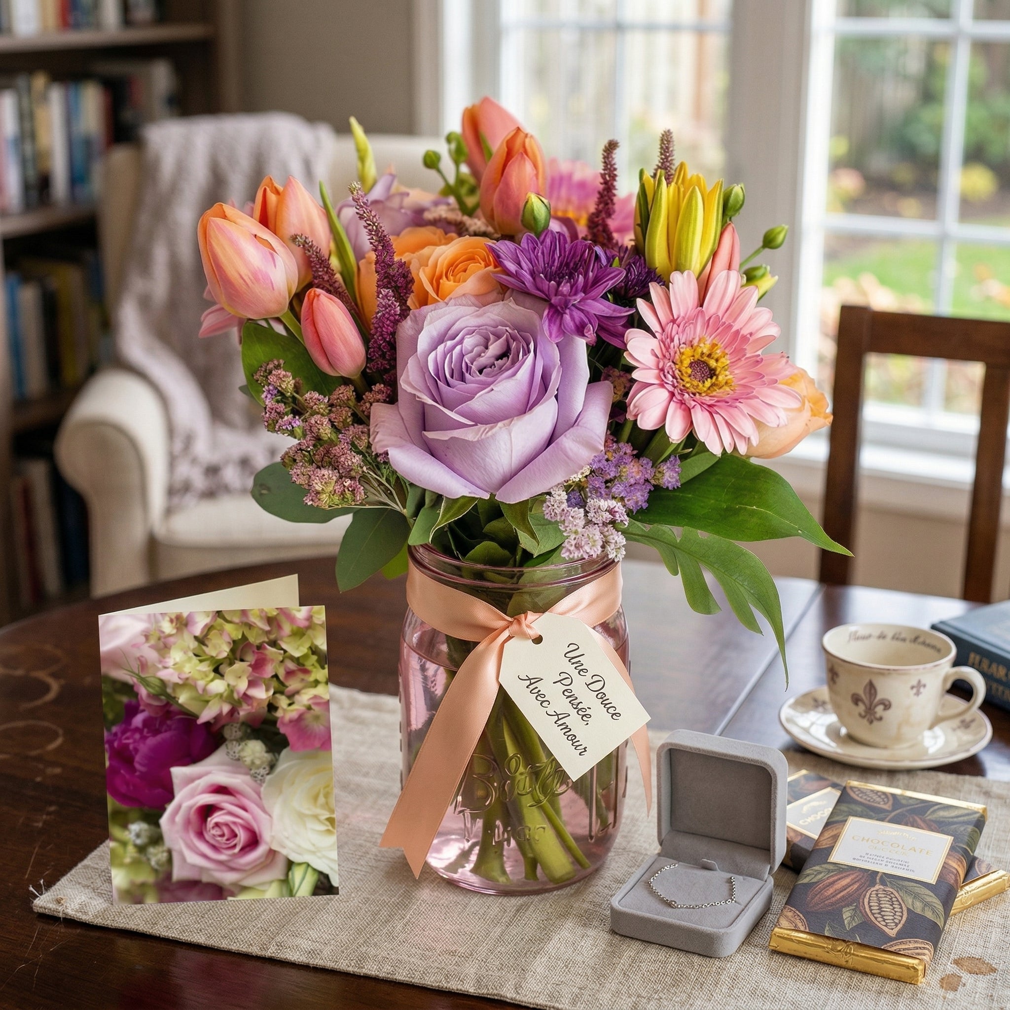 Mason Jar "Love Mom" - Lavender and Pastel Roses