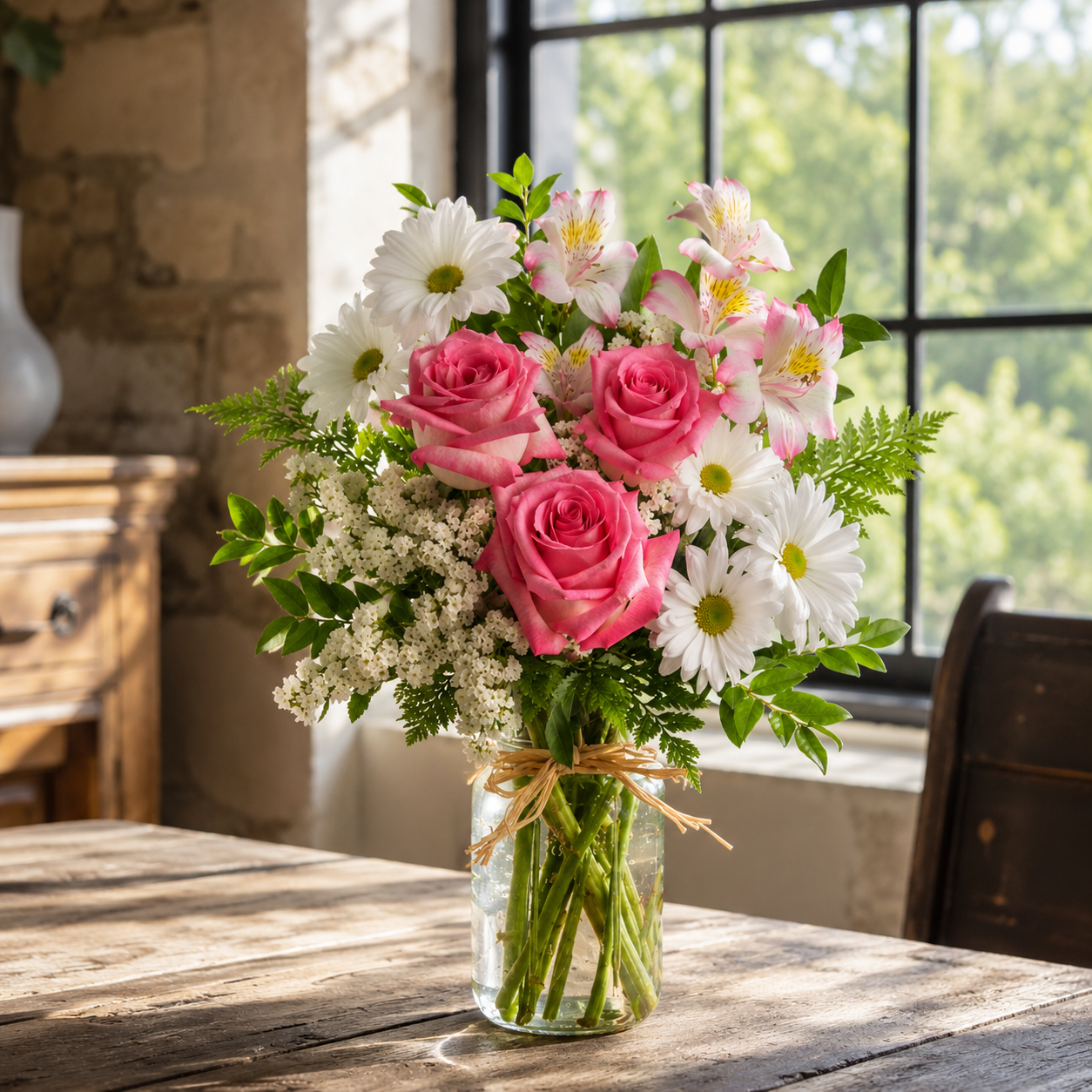 Mason Jar "Pink Love" - White Roses - Anniversary