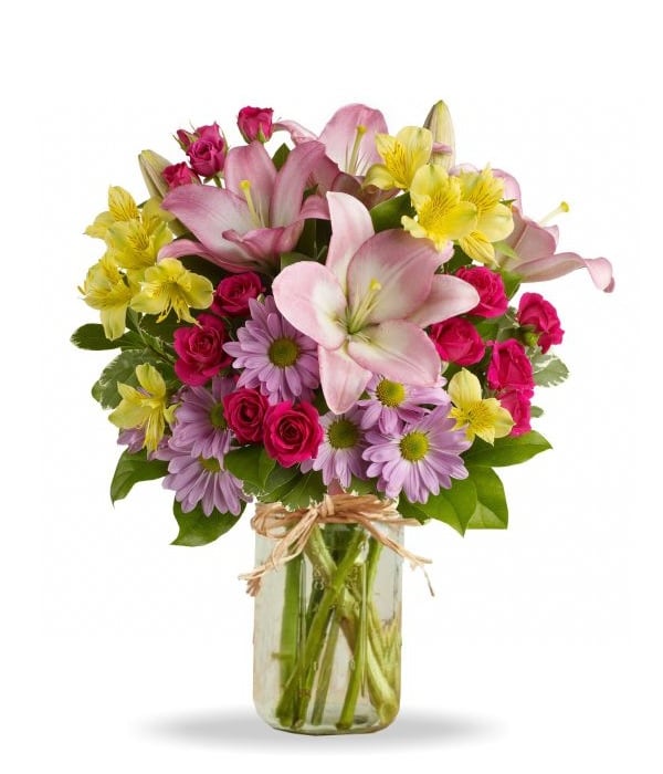 Pot Mason Printanier de Roses Jaunes et Lavande - Fête des Mères Fleur Québec