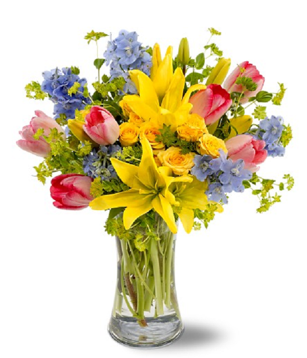 Bouquet Printanier "Délice" - Roses Jaunes, Roses et Bleues - Fête des Mères Fleur Québec