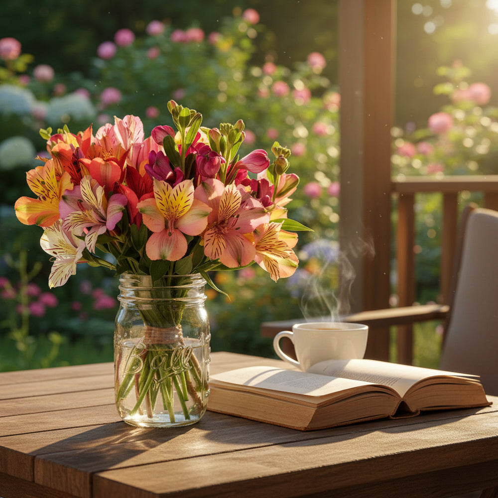 Thirty Blooms of Alstroemeria in Mason Jar - Flower Delivery New Zealand