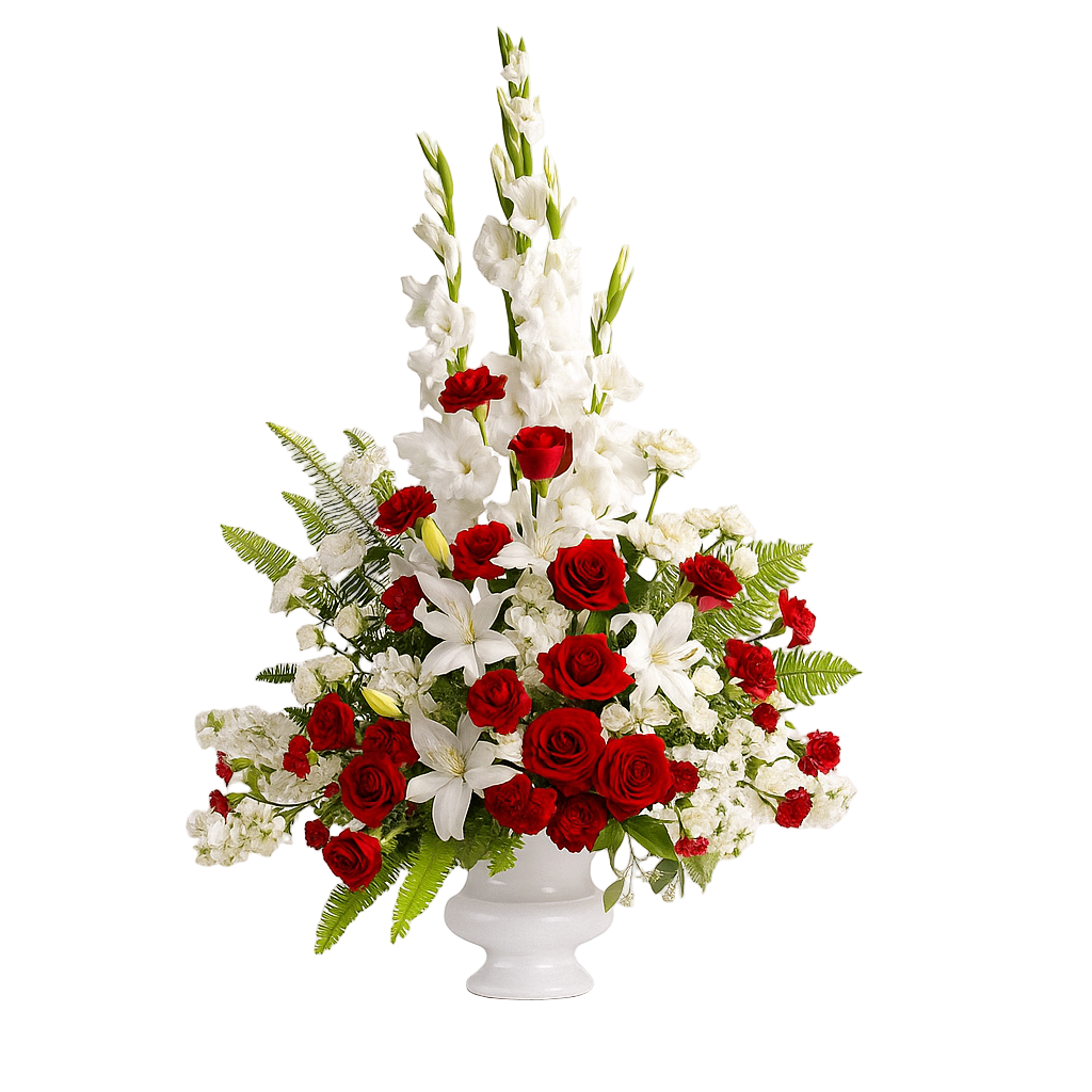 Arrangement a Urne "Souvenirs Inoubliables" - Roses Rouges, Blanches et Vertes