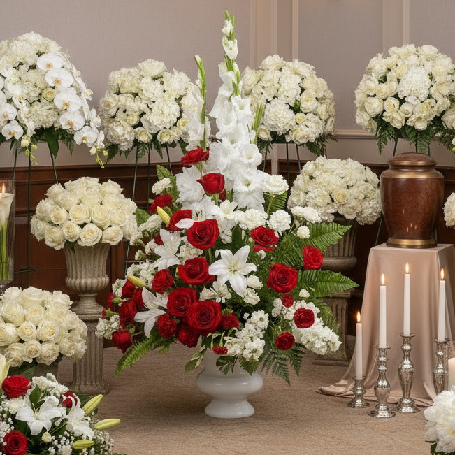 Arrangement a Urne "Souvenirs Inoubliables" - Roses Rouges, Blanches et Vertes