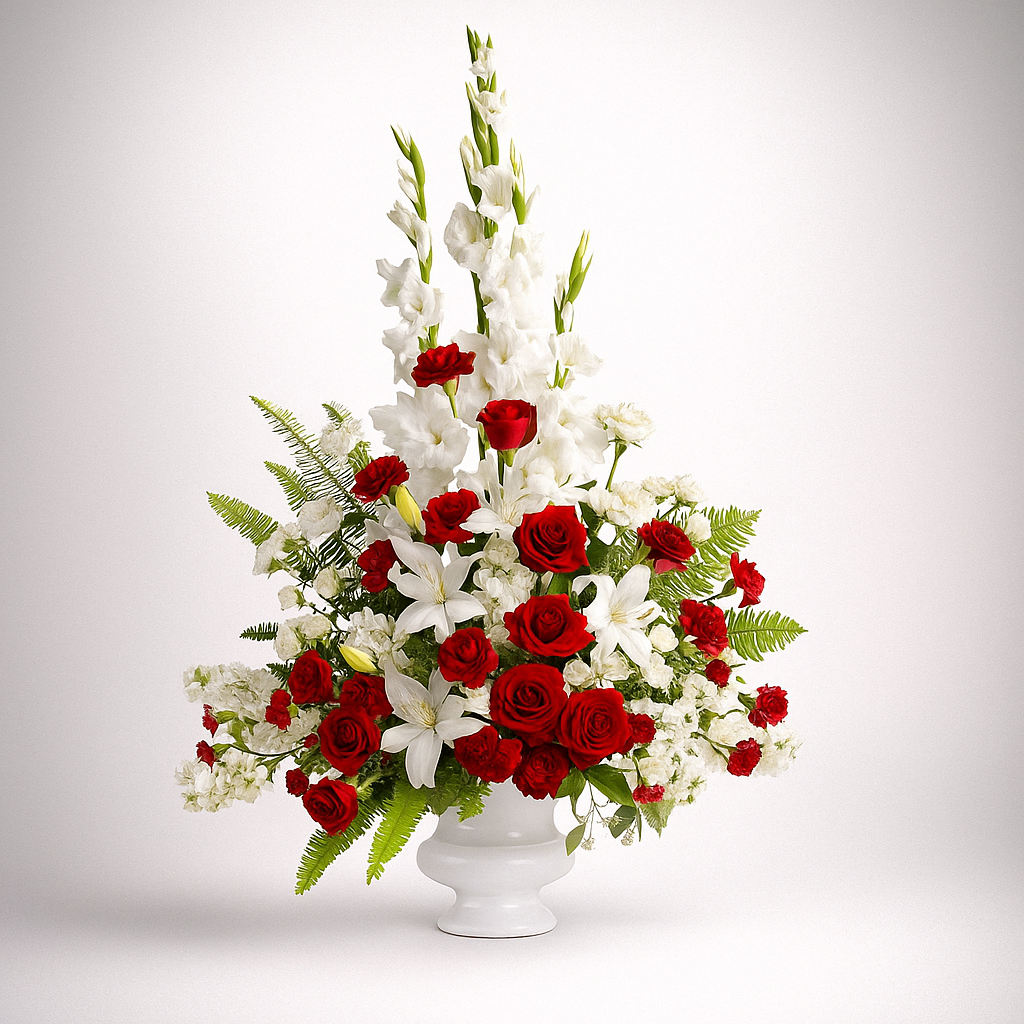 Arrangement a Urne "Souvenirs Inoubliables" - Roses Rouges, Blanches et Vertes