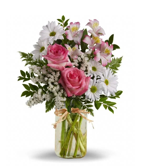 Pot Mason "Amour Rose" - Roses Blanches - Anniversaire