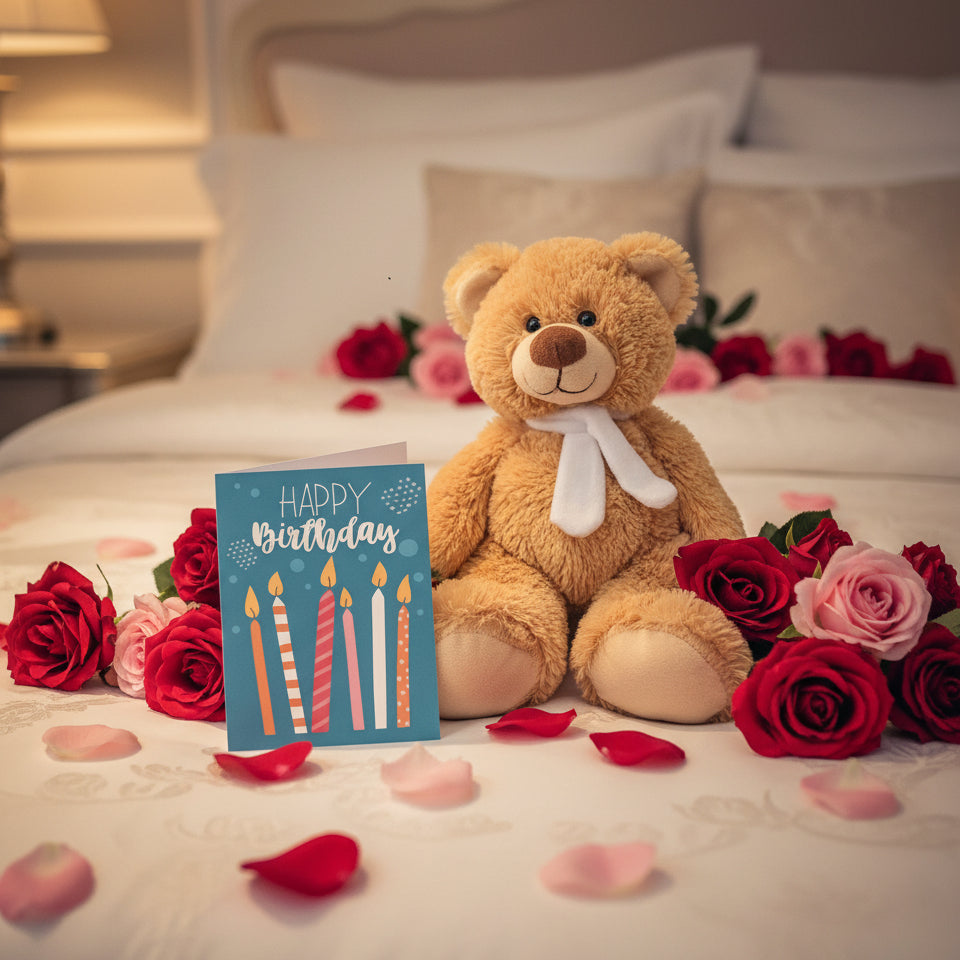 Coffret cadeau carte d’anniversaire et ours en peluche Fleur Québec