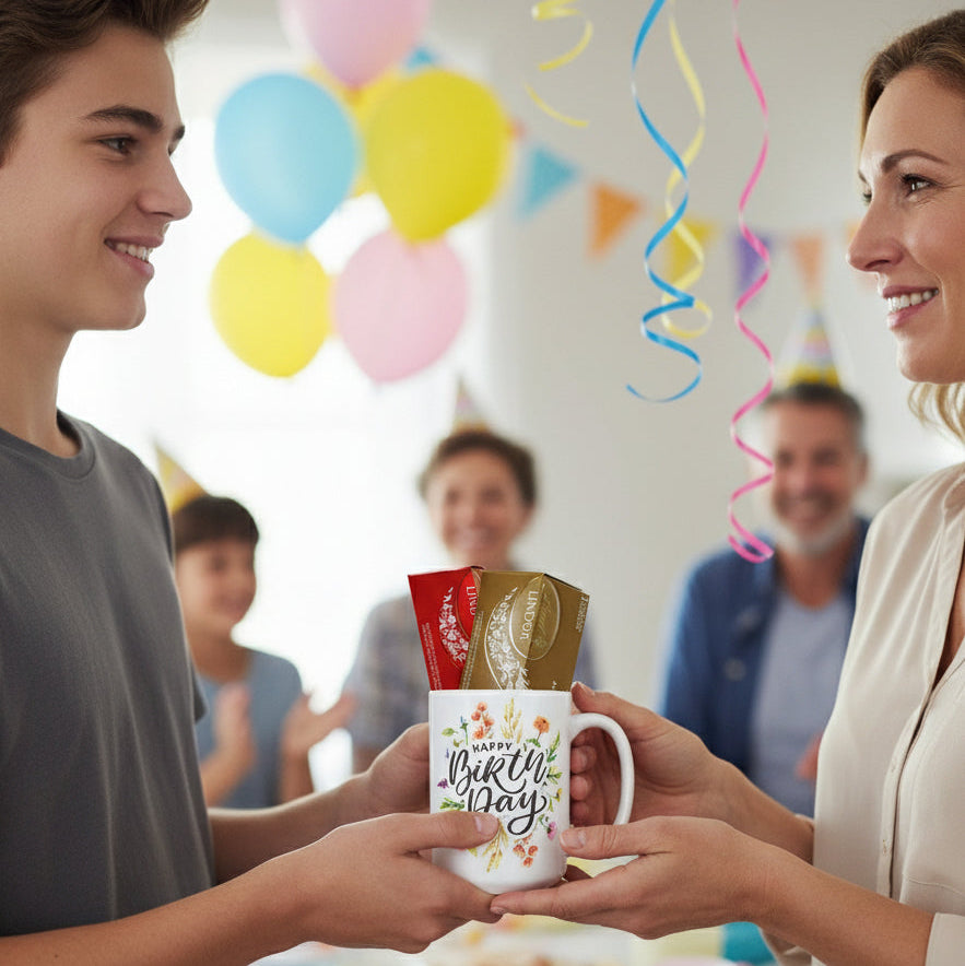 Coffret cadeau d’anniversaire : Tasse personnalisée et chocolat Lindt Fleur Québec