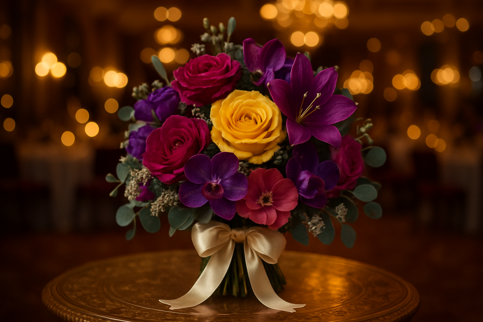 boquet of flowers suprise in a party, very elegant and colrful