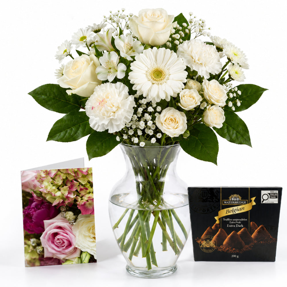 Choix du fleuriste – Bouquet blanc avec vase, carte et truffes