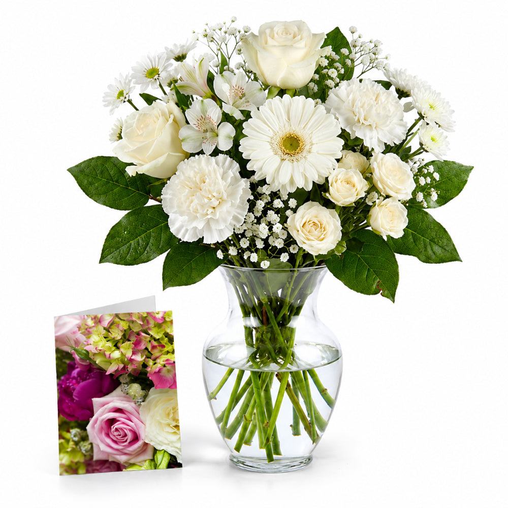 Choix du fleuriste – Bouquet blanc avec vase et carte