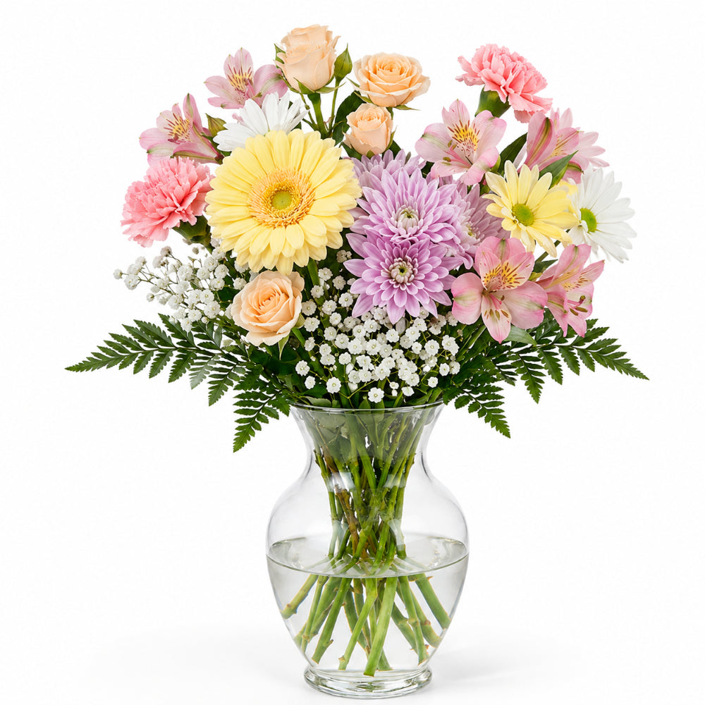 Choix du fleuriste – Couleurs pastel avec vase