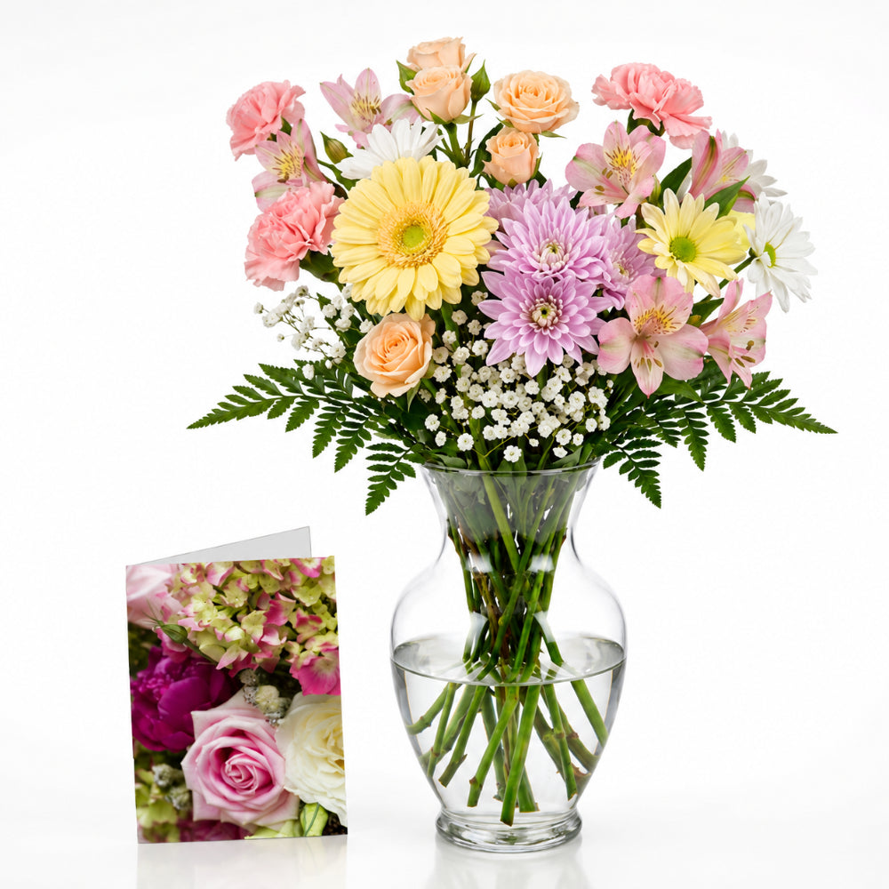 Choix du fleuriste – Couleurs pastel avec vase et carte