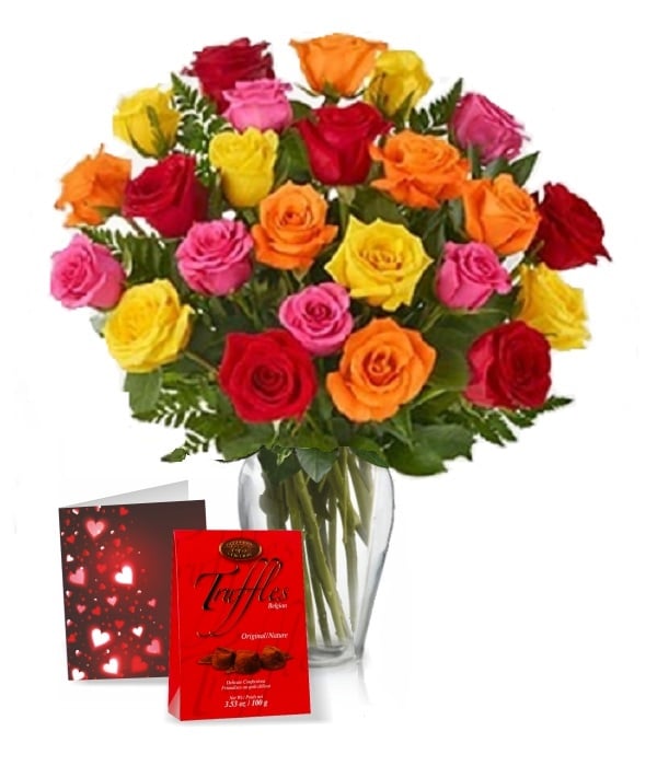 24 bouquet de roses assorties - Combo cadeau floral vibrant