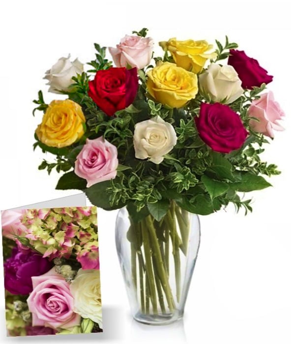 Achetez une douzaine de roses à longue tige assorties - Bouquet de fleurs fraîches et élégantes