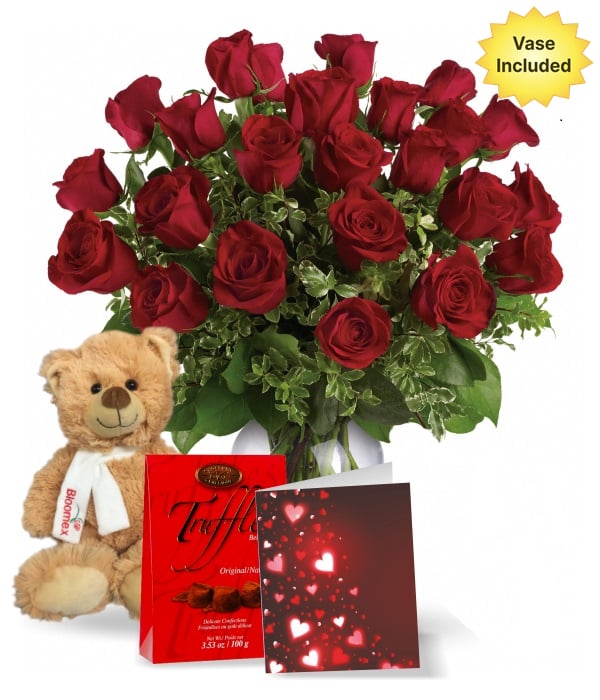 24 Bouquet de Roses Rouges à Longue Tige Combo