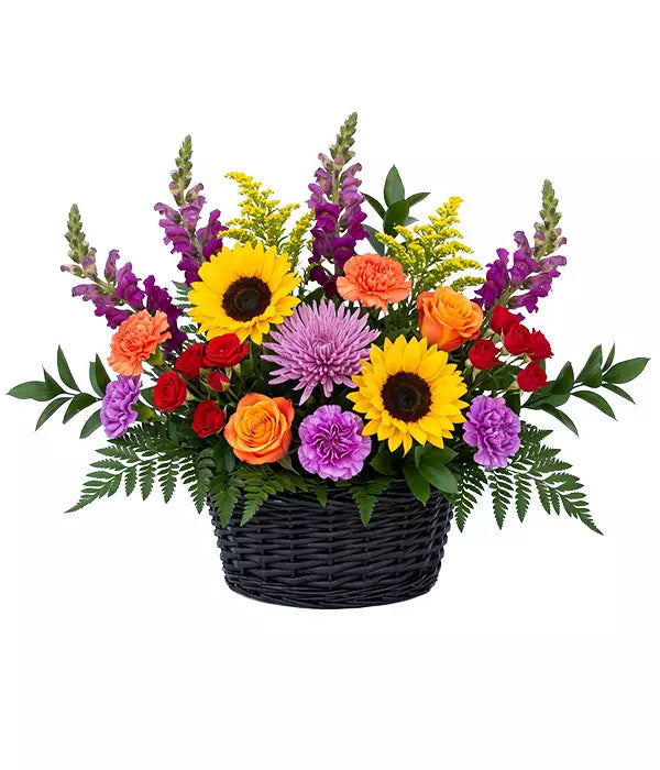 Vibrant Floral Basket - Roses, Sunflowers, Snapdragons and Asters - All Occasions
