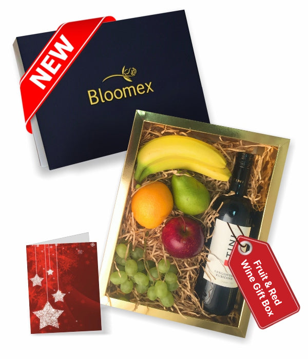 Panier-cadeau gourmand de fruits et de vin rouge