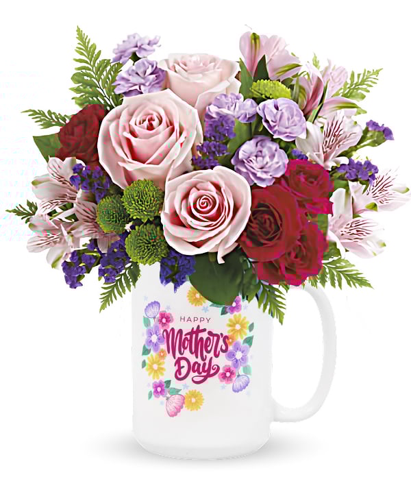 Bouquet de roses rouges, lavande et vertes - Arrangement floral élégant Fleur Québec