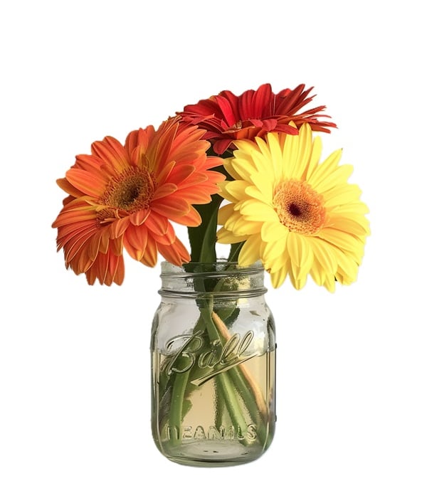 Marguerites Gerbera vibrantes dans un vase rustique Mason Jar
