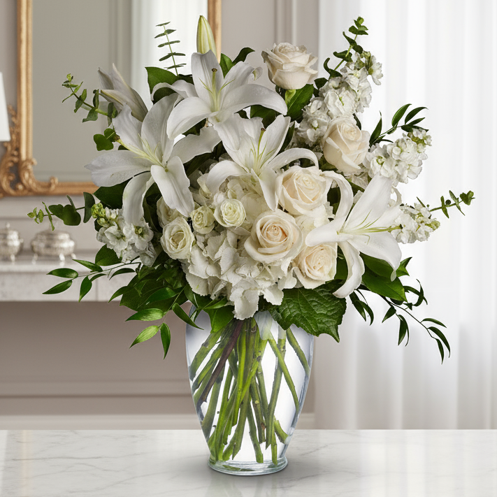 Bouquet "Réflexions Sincères" - Roses Blanches et Pêche - Sympathie