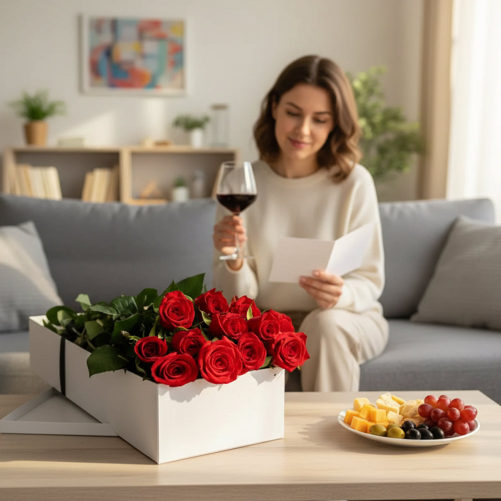 12 Roses Rouges en Boîte Cadeau
