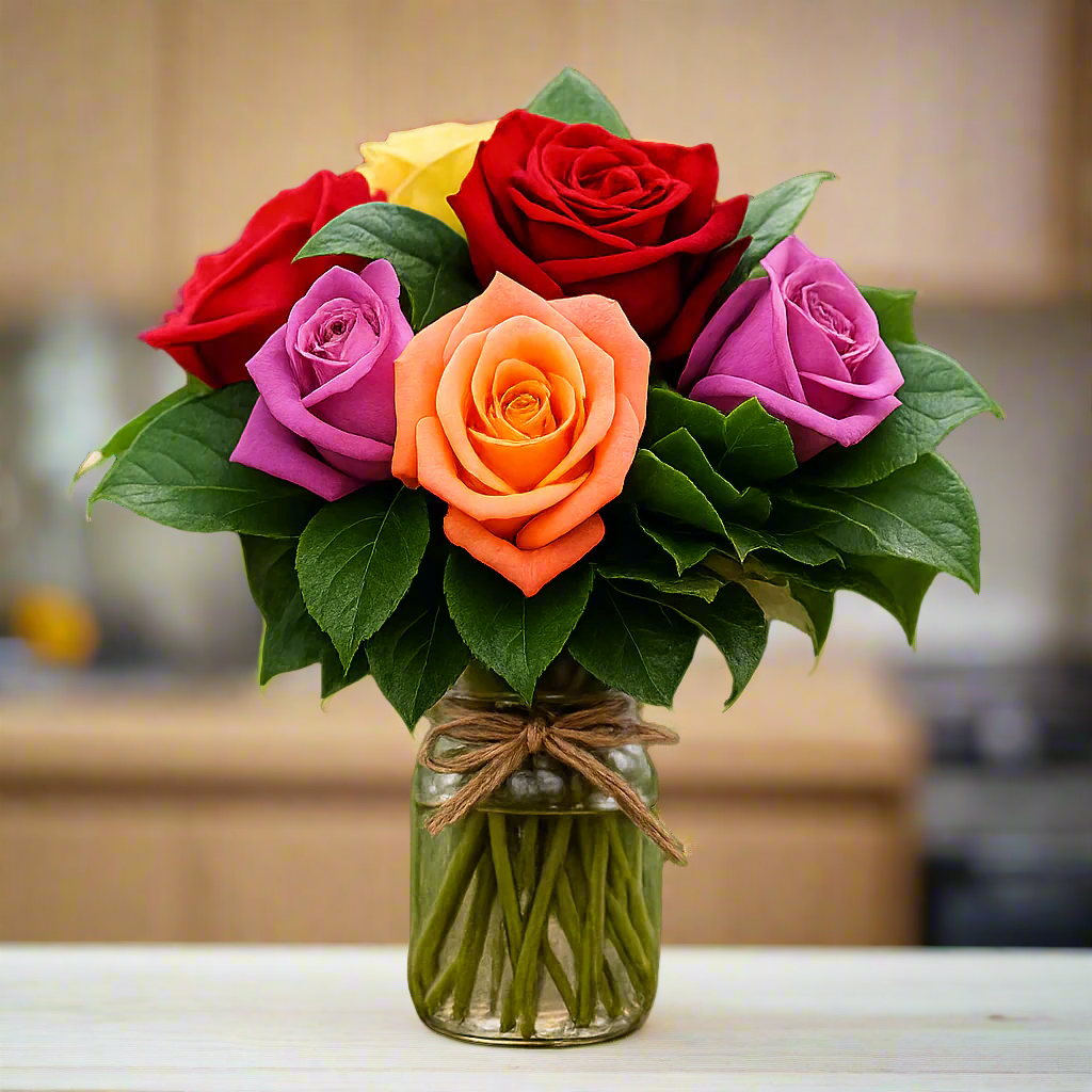 Bouquet de roses assorties dans un pot Mason - une demi-douzaine d’arrangements floraux