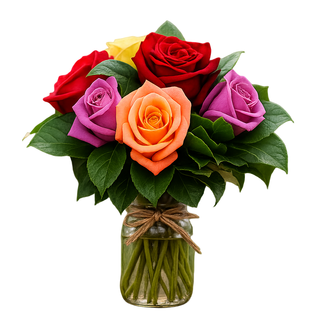 Bouquet de roses assorties dans un pot Mason - une demi-douzaine d’arrangements floraux