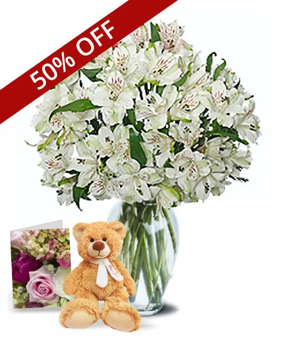 Pâques en blanc, 50 fleurs d'alstroémères et ourson en peluche