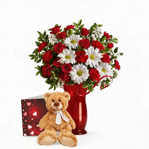 Ensemble Exclusif Amoureux : Roses Rouges, Ours en Peluche & Carte - Romance Douce II