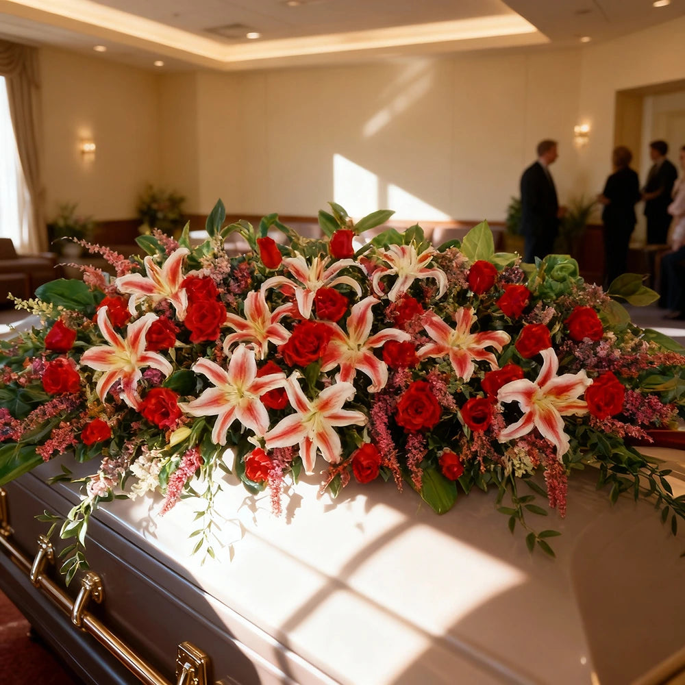 Arrangement de roses rouges et lys